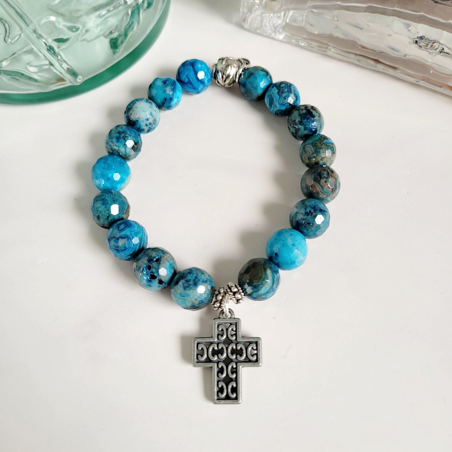 Larimar Blue 10mm Faceted Beaded Bracelet w/ Silver Filagree Cross