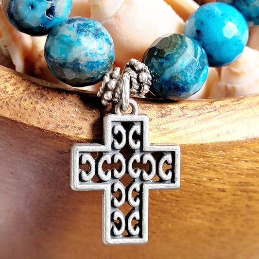 Larimar Blue 10mm Faceted Beaded Bracelet w/ Silver Filagree Cross