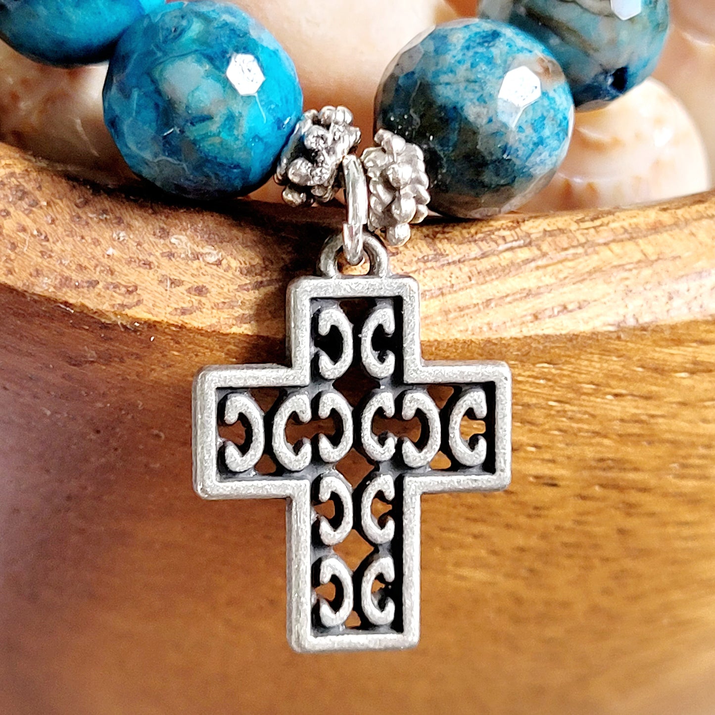 Larimar Blue 10mm Faceted Beaded Bracelet w/ Silver Filagree Cross