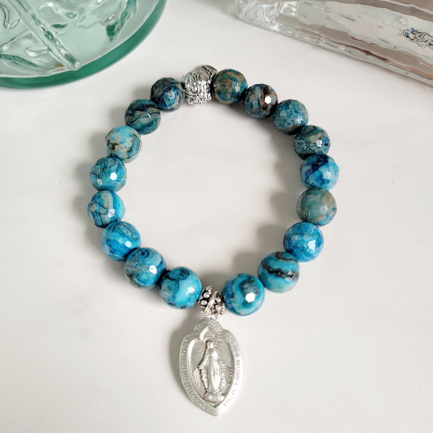 Larimar Blue 10mm Faceted Beaded Bracelet w/ Sterling Silver Signed Miraculous Medal of Mary