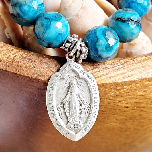 Larimar Blue 10mm Faceted Beaded Bracelet w/ Sterling Silver Signed Miraculous Medal of Mary