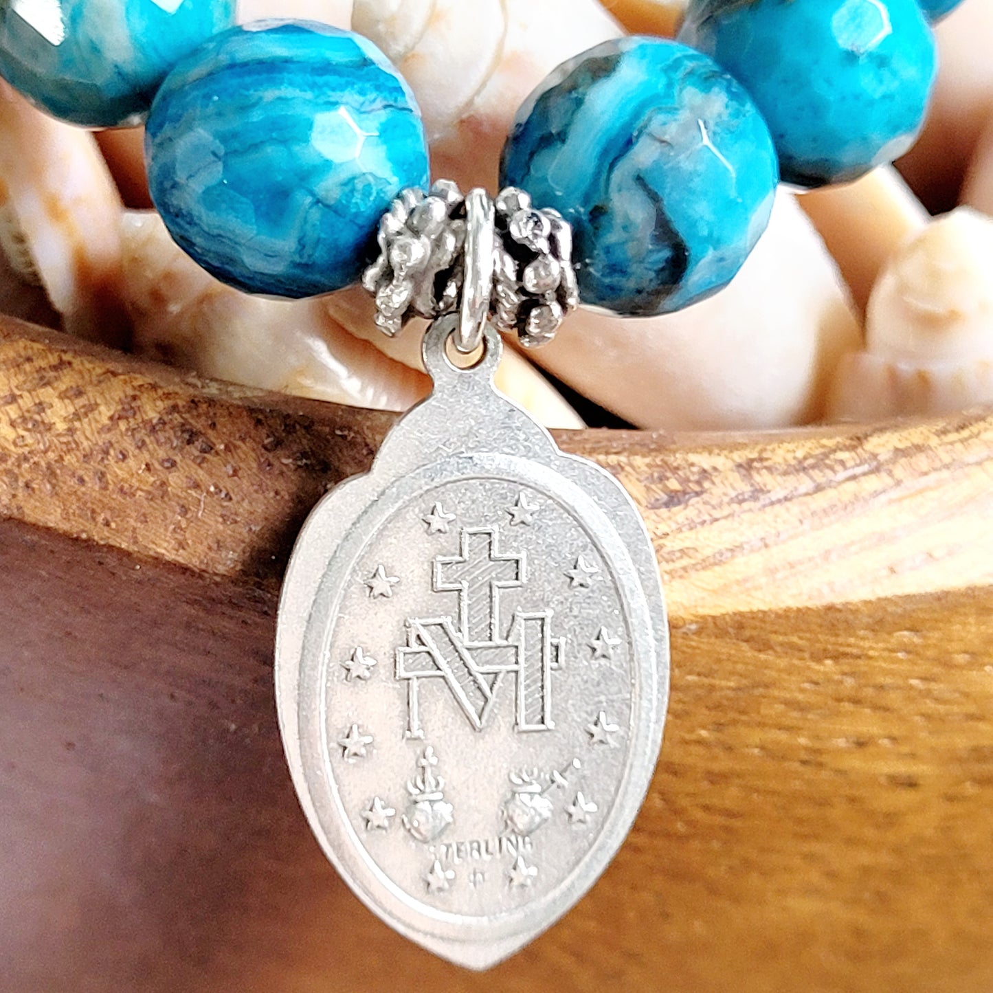 Larimar Blue 10mm Faceted Beaded Bracelet w/ Sterling Silver Signed Miraculous Medal of Mary