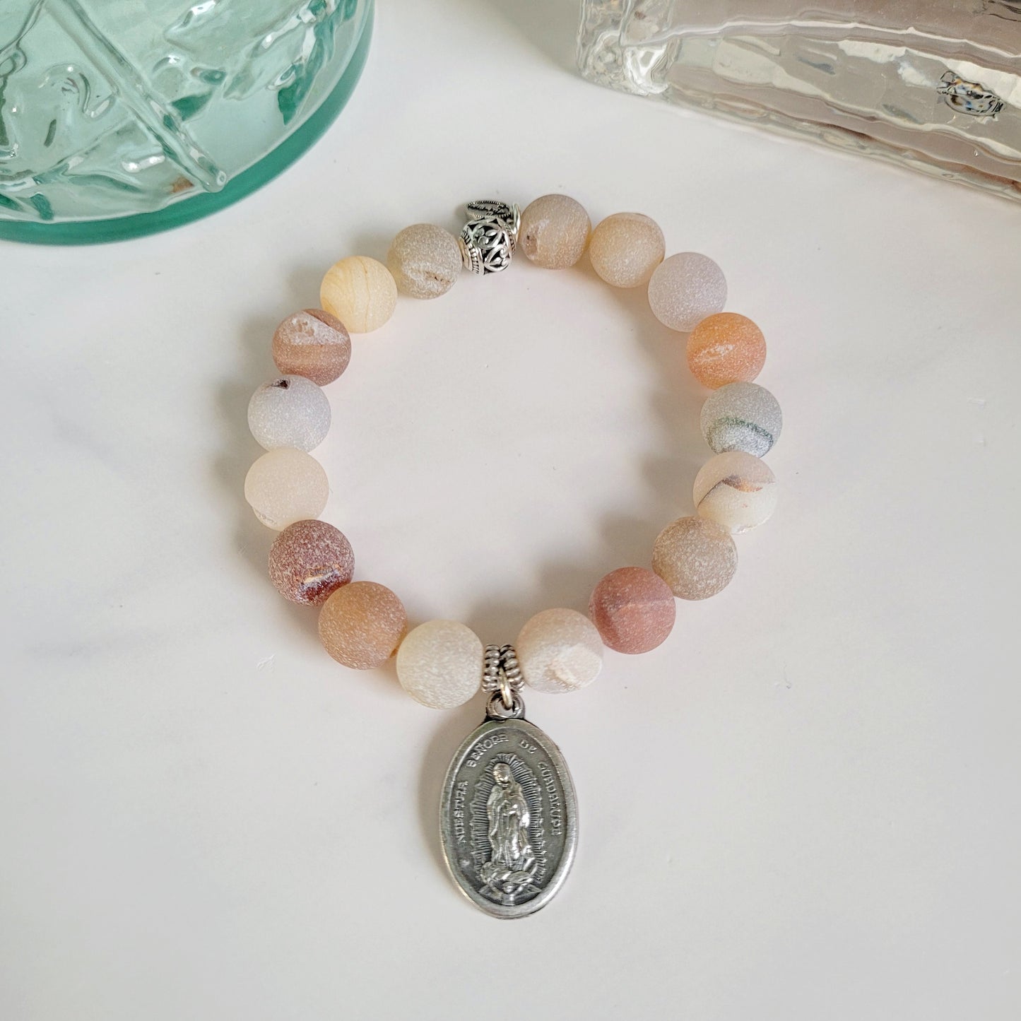 Druzy Agate 10mm Beaded Bracelet with Silver Plate Medal of Our Lady Guadalupe