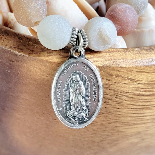Druzy Agate 10mm Beaded Bracelet with Silver Plate Medal of Our Lady Guadalupe