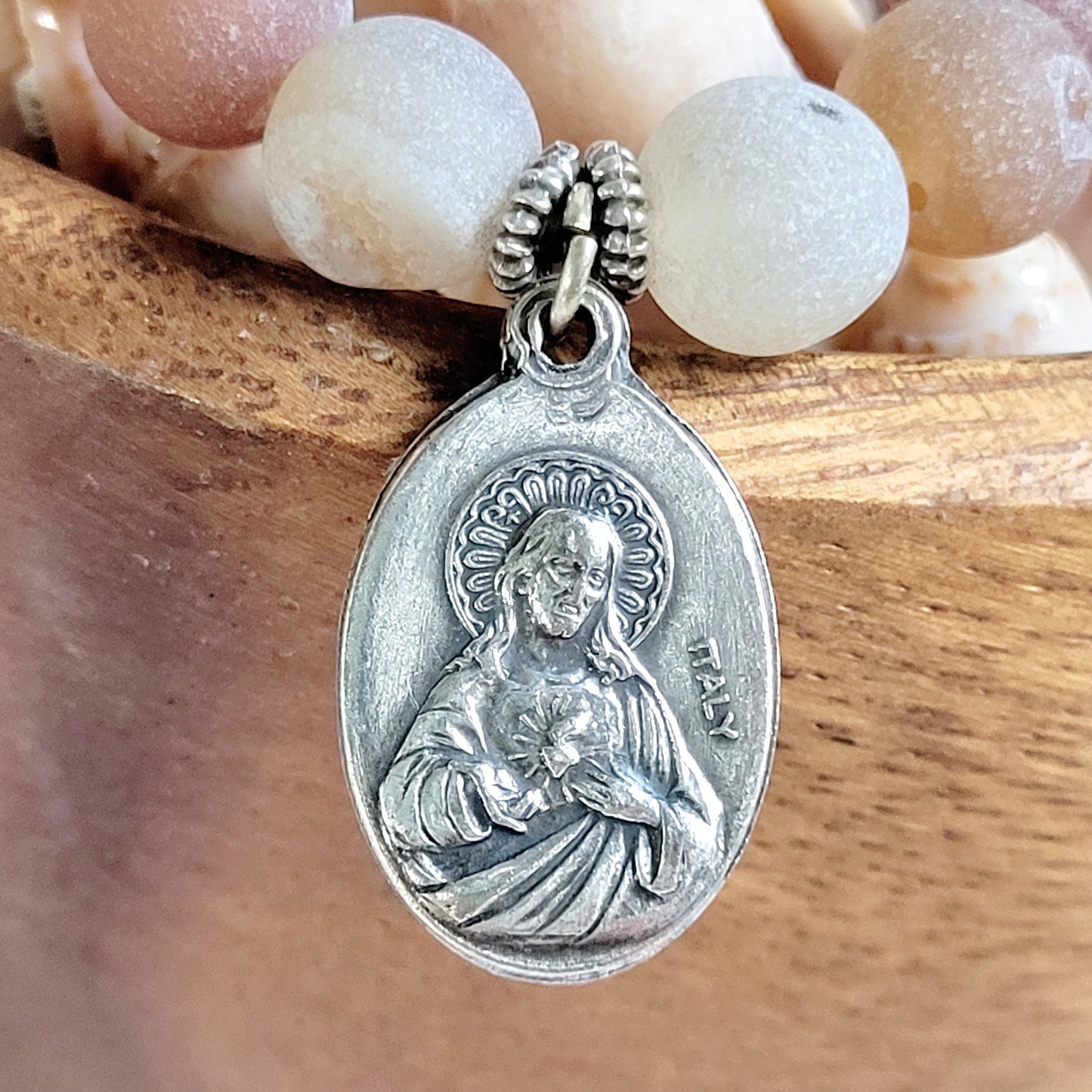 Druzy Agate 10mm Beaded Bracelet with Silver Plate Medal of Our Lady Guadalupe