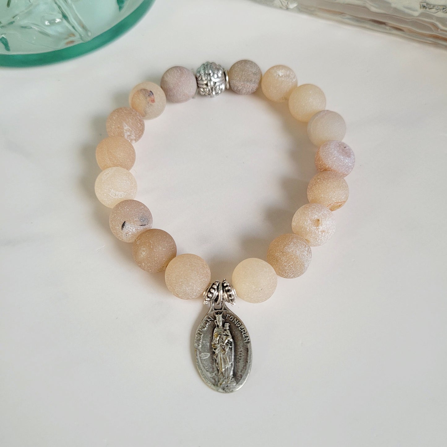 Druzy Agate 10mm Beaded Bracelet with Silver Plate Medal of Our Lady of Tongeren from Belgium