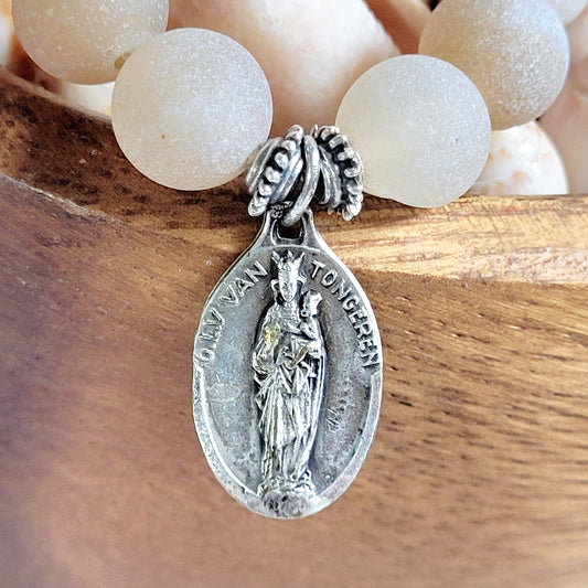 Druzy Agate 10mm Beaded Bracelet with Silver Plate Medal of Our Lady of Tongeren from Belgium