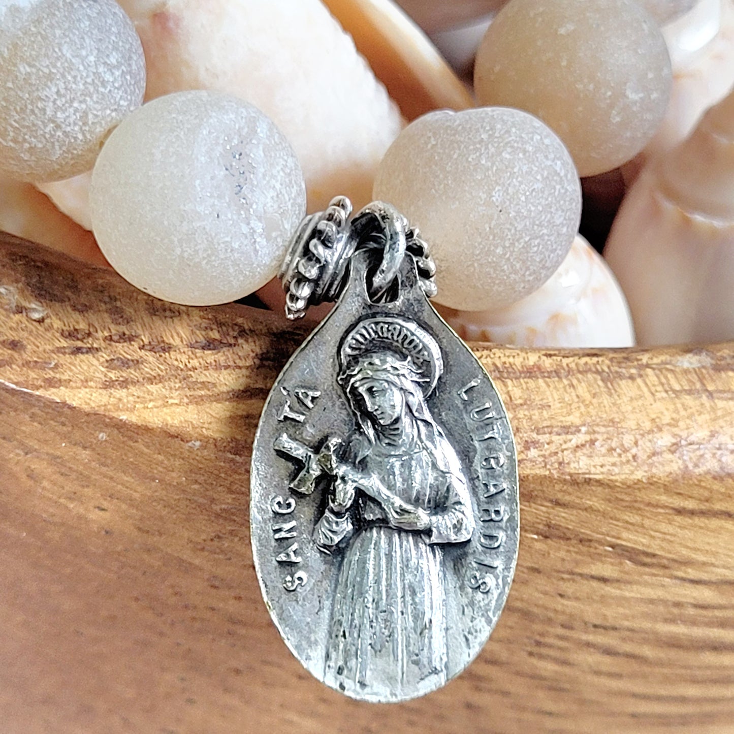 Druzy Agate 10mm Beaded Bracelet with Silver Plate Medal of Our Lady of Tongeren from Belgium