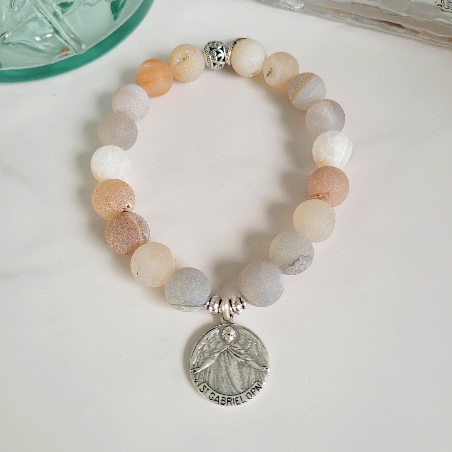 Druzy Agate 10mm Beaded Bracelet with Silver Plate Medal of St. Gabriel the Archangel