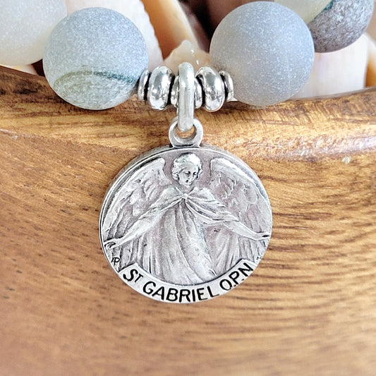 Druzy Agate 10mm Beaded Bracelet with Silver Plate Medal of St. Gabriel the Archangel