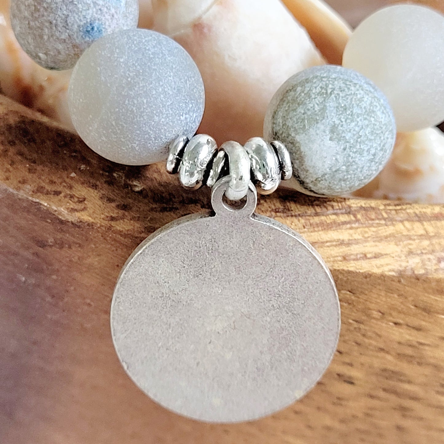 Druzy Agate 10mm Beaded Bracelet with Silver Plate Medal of St. Gabriel the Archangel
