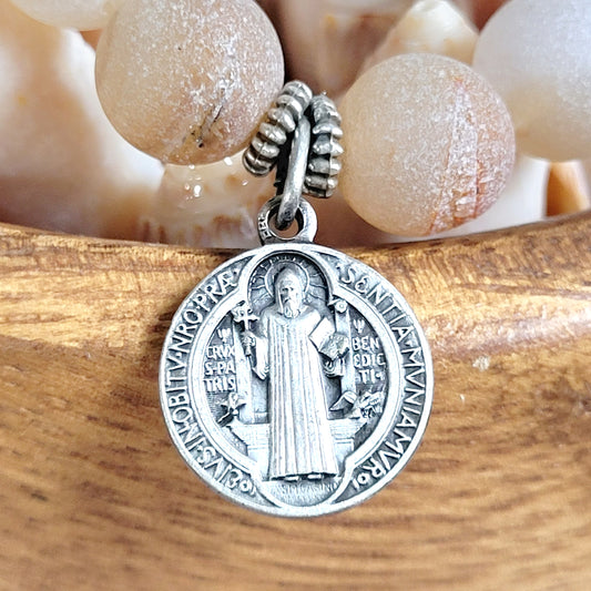 Druzy Agate 10mm Beaded Bracelet with Silver Plate Medal of St. Benedict