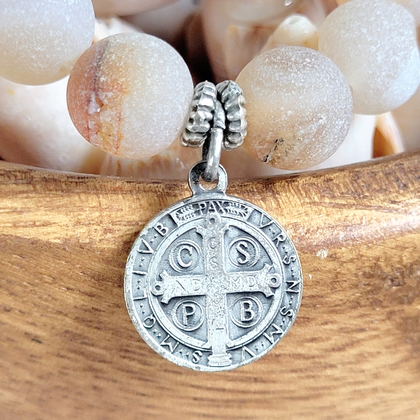 Druzy Agate 10mm Beaded Bracelet with Silver Plate Medal of St. Benedict