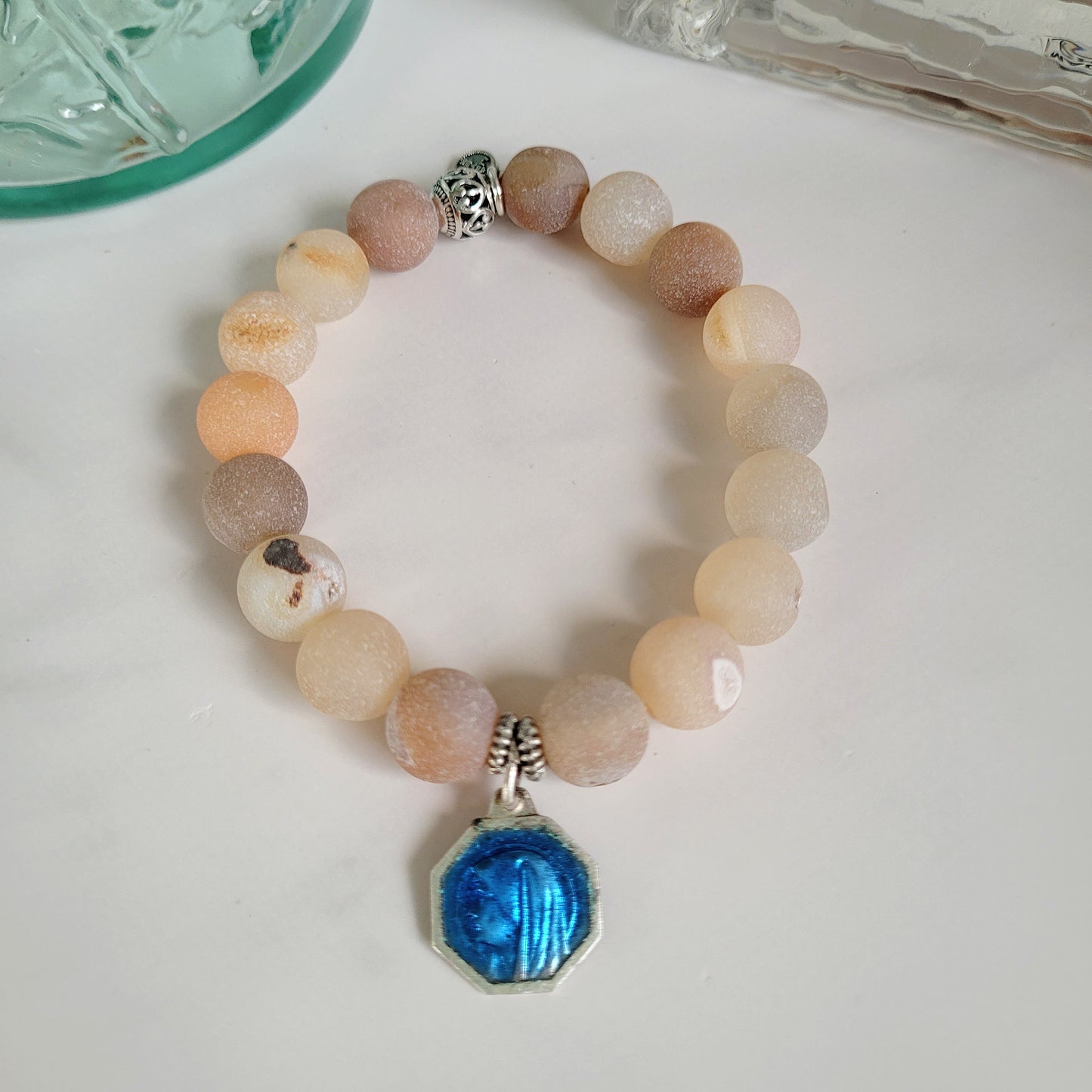Druzy Agate 10mm Beaded Bracelet with Silver Plate Blue Enamel Medal of Our Lady of Lourdes from France