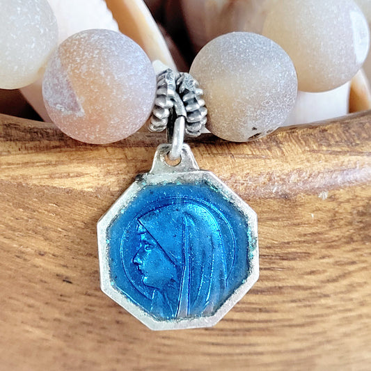 Druzy Agate 10mm Beaded Bracelet with Silver Plate Blue Enamel Medal of Our Lady of Lourdes from France