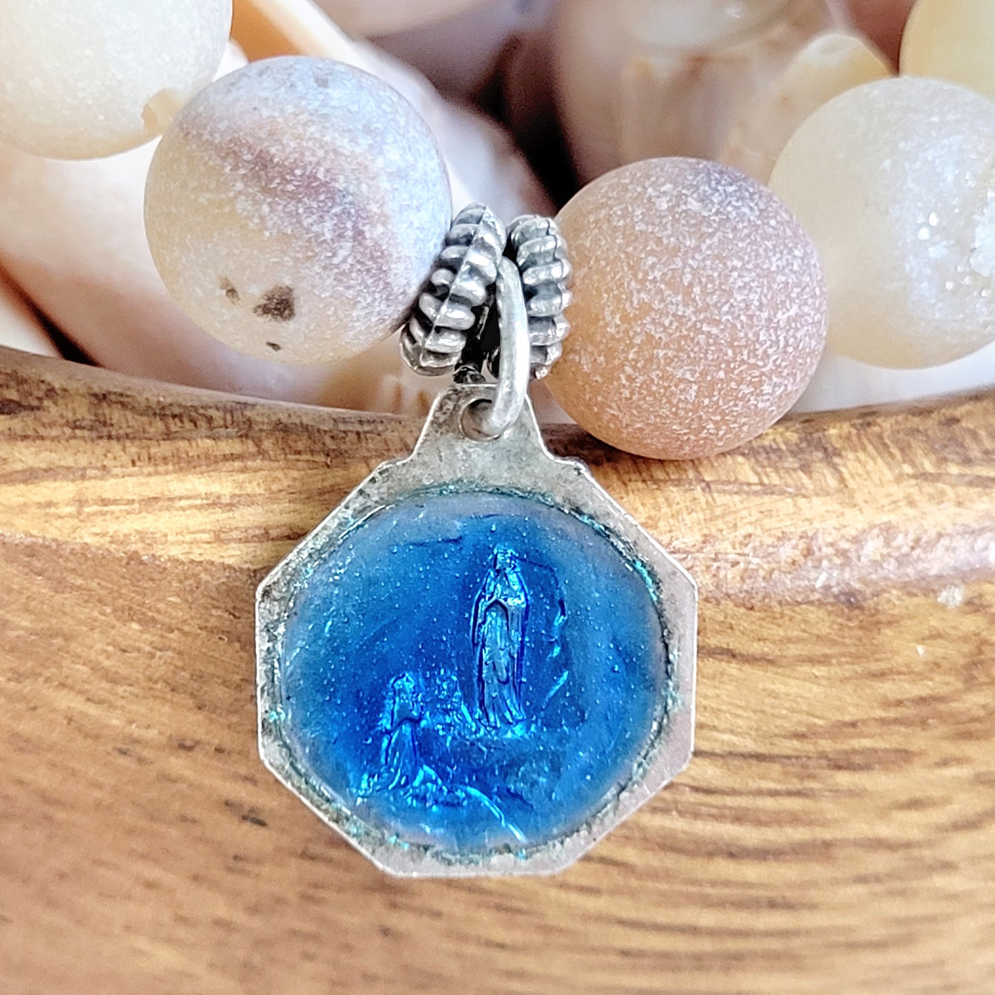 Druzy Agate 10mm Beaded Bracelet with Silver Plate Blue Enamel Medal of Our Lady of Lourdes from France