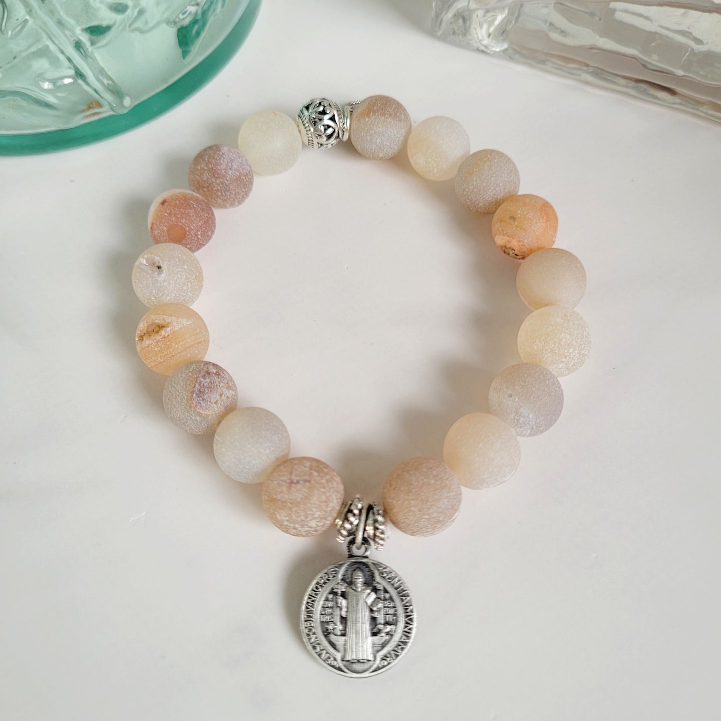 Druzy Agate 10mm Beaded Bracelet with Silver Plate Medal of St. Benedict