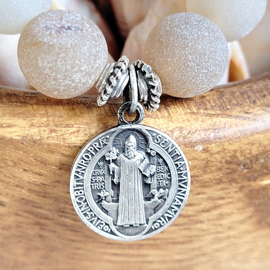 Druzy Agate 10mm Beaded Bracelet with Silver Plate Medal of St. Benedict