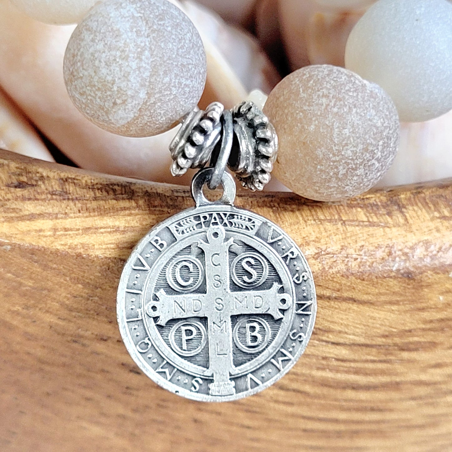 Druzy Agate 10mm Beaded Bracelet with Silver Plate Medal of St. Benedict