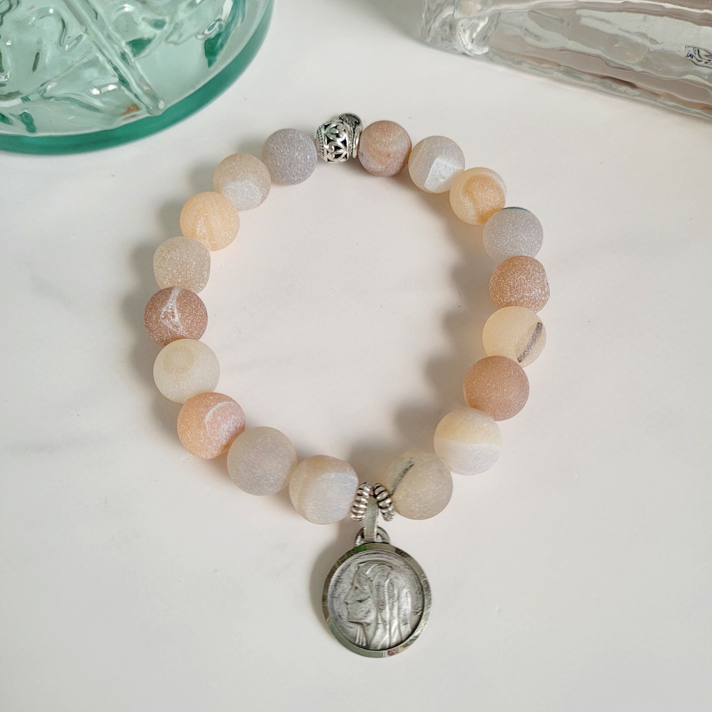Druzy Agate 10mm Beaded Bracelet with Signed Silver Plate Medal of Our Lady of Lourdes from France