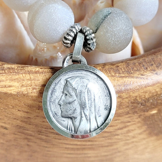 Druzy Agate 10mm Beaded Bracelet with Signed Silver Plate Medal of Our Lady of Lourdes from France