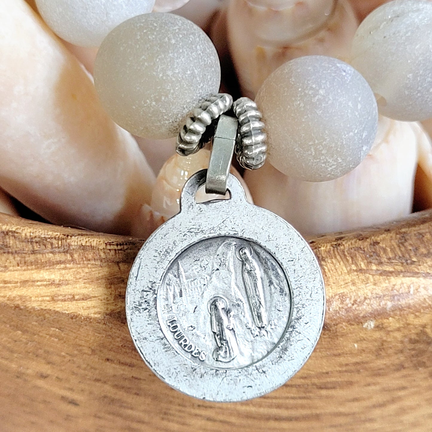 Druzy Agate 10mm Beaded Bracelet with Signed Silver Plate Medal of Our Lady of Lourdes from France
