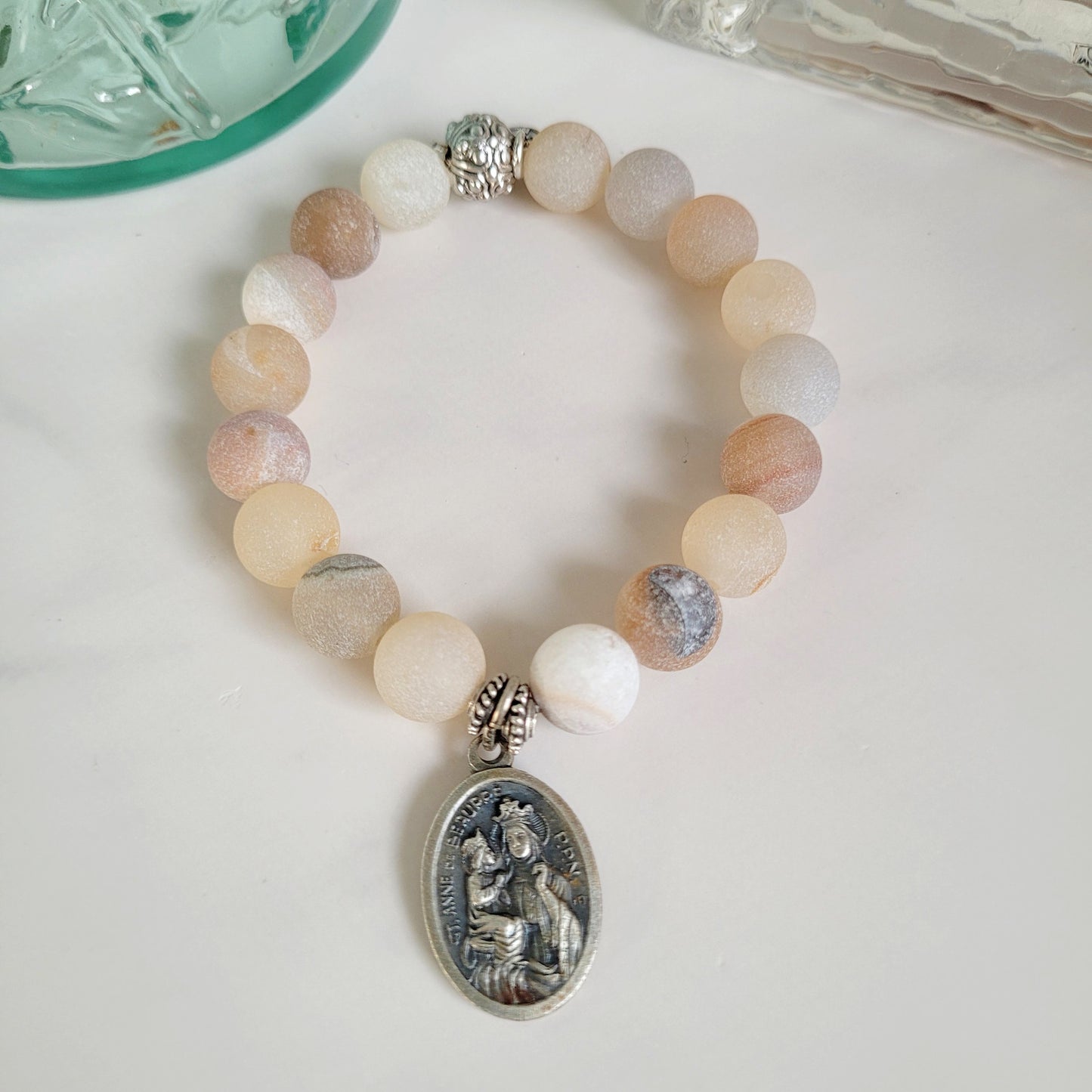 Druzy Agate 10mm Beaded Bracelet with Silver Plate Medal of St. Anne de Beaupre from Italy