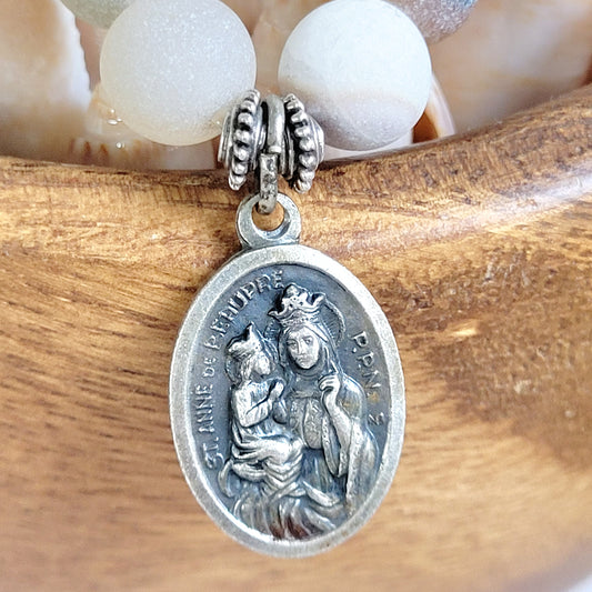 Druzy Agate 10mm Beaded Bracelet with Silver Plate Medal of St. Anne de Beaupre from Italy