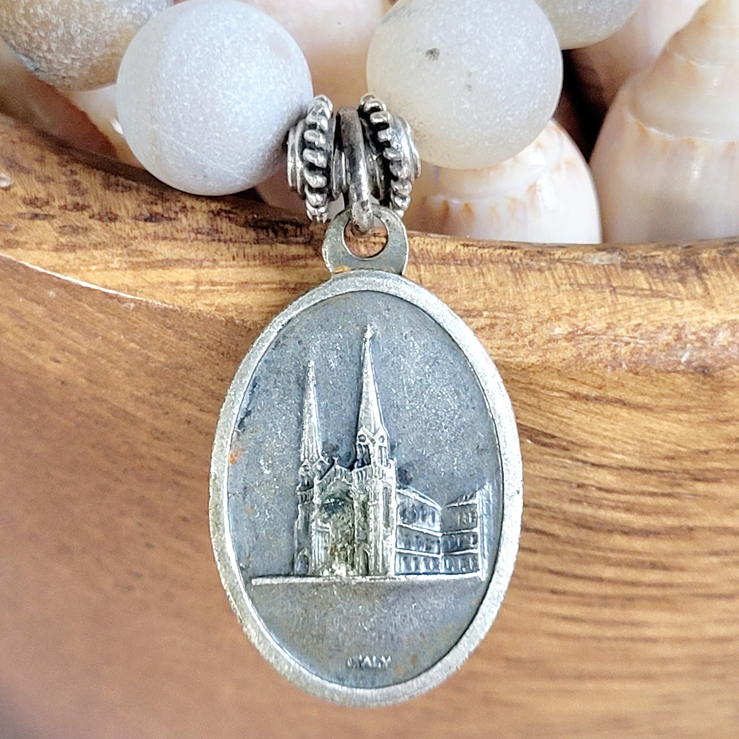 Druzy Agate 10mm Beaded Bracelet with Silver Plate Medal of St. Anne de Beaupre from Italy