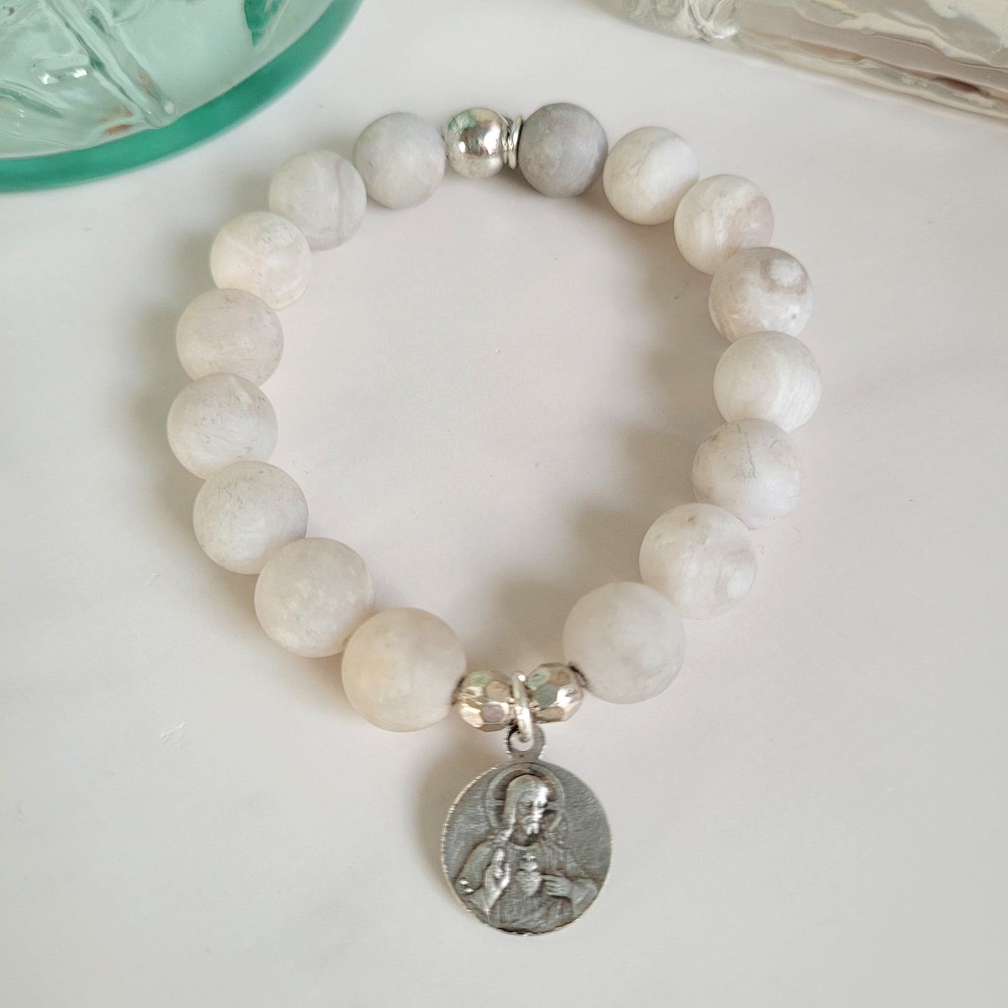 Druzy Agate 10mm Beaded Bracelet with Silver Plate Medal of the Sacred Heart of Jesus