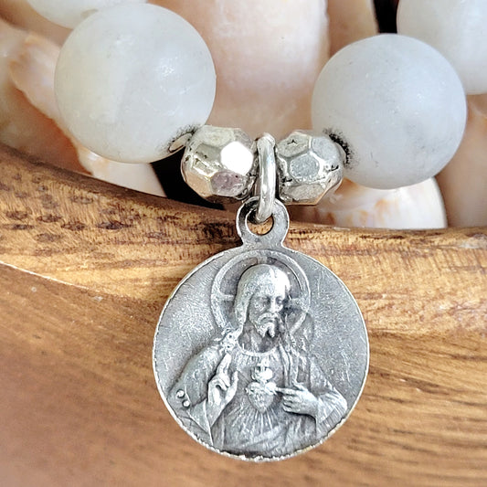 Druzy Agate 10mm Beaded Bracelet with Silver Plate Medal of the Sacred Heart of Jesus