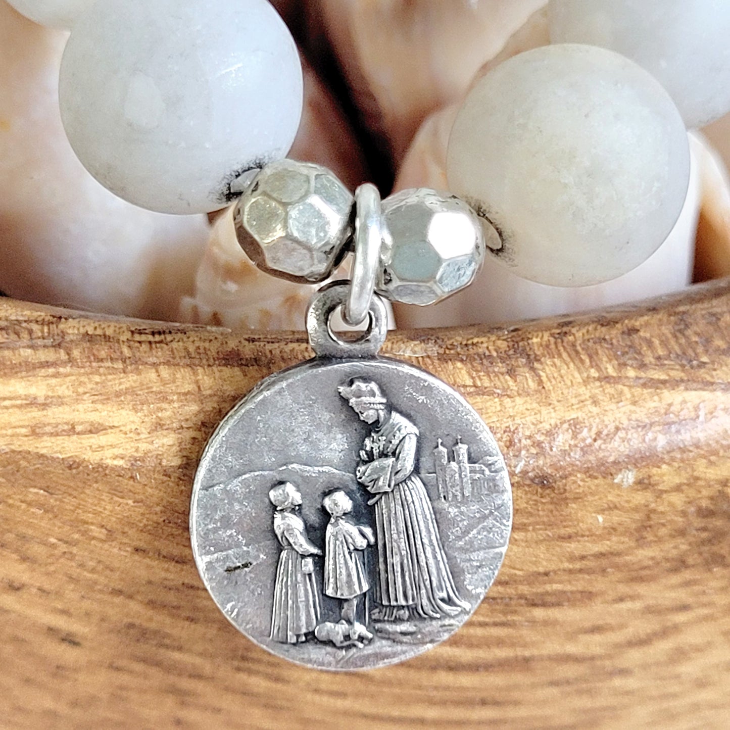 Druzy Agate 10mm Beaded Bracelet with Silver Plate Medal of the Sacred Heart of Jesus