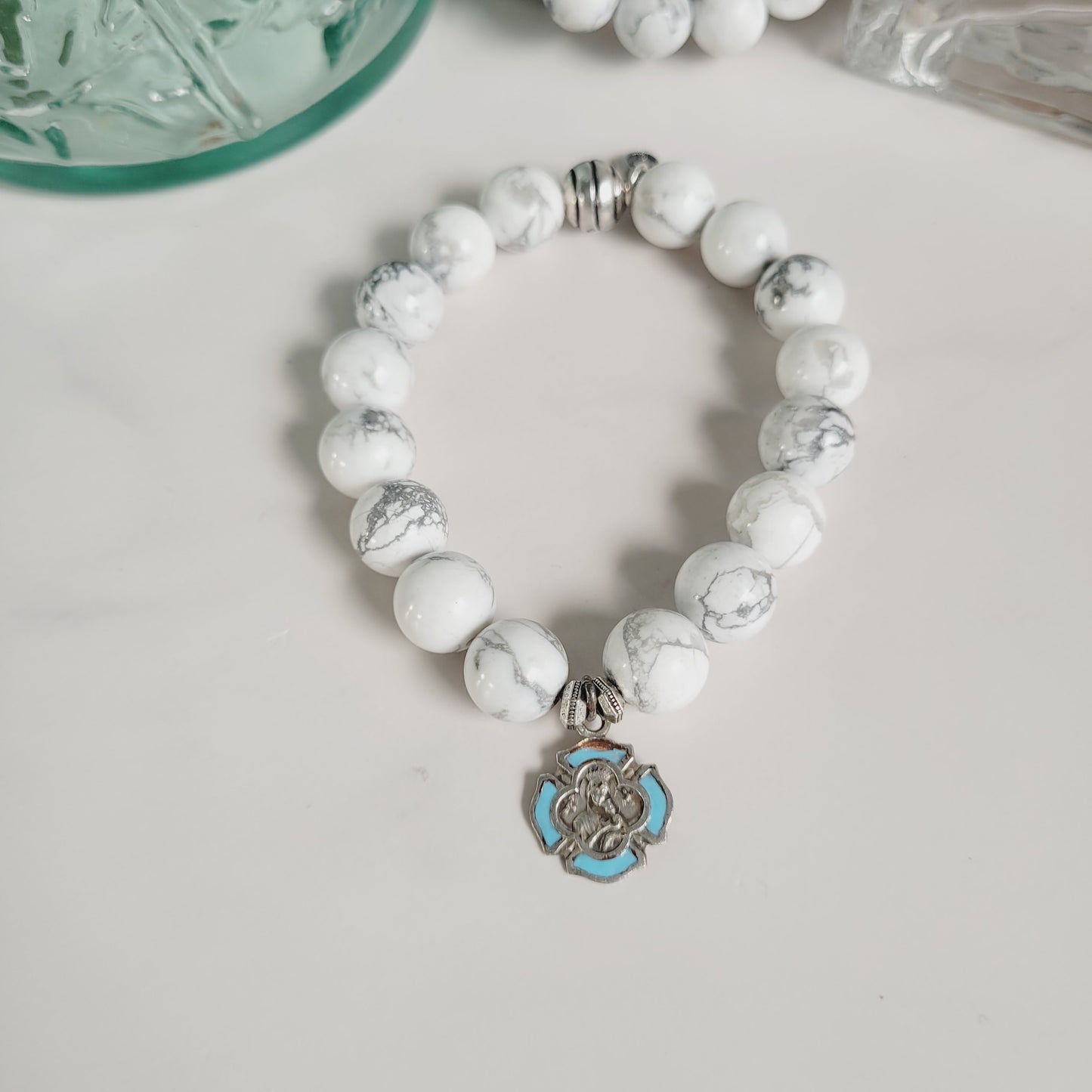 White Howlite 10mm Beaded Bracelet w/ Silver Plate Blue Enamel Medal of Our Lady of Perpetual Help