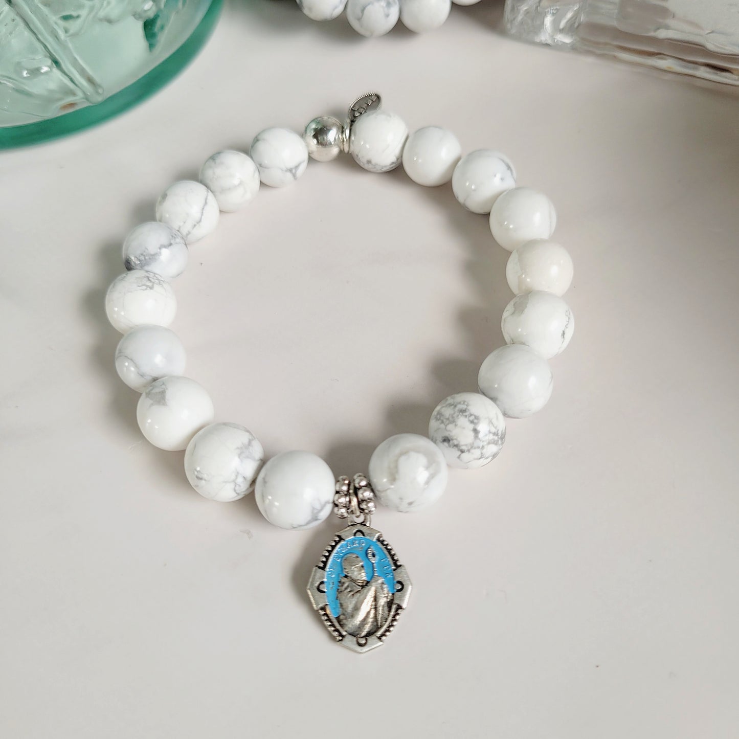 White Howlite 10mm Beaded Bracelet w/ Silver Plate Blue Enamel Medal of St. Eymard