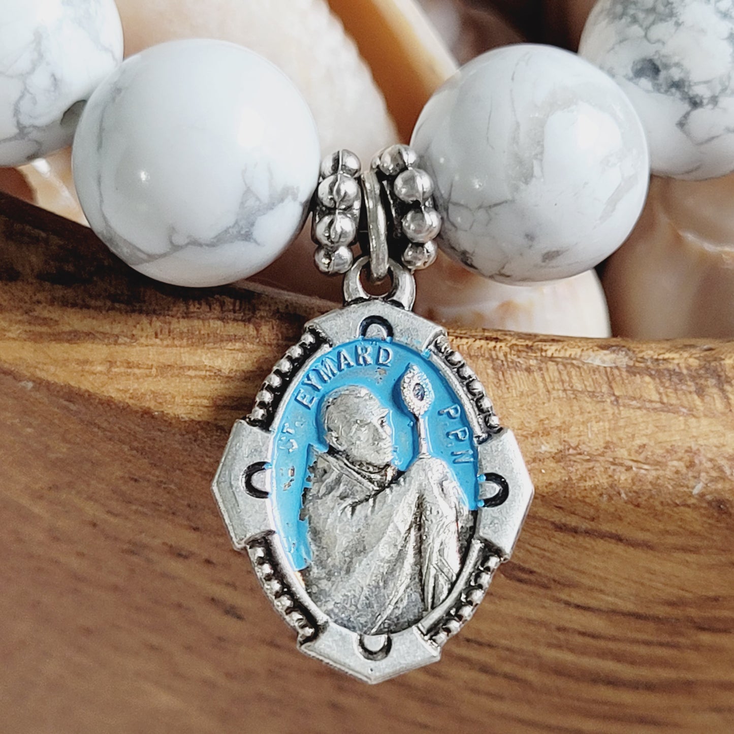 White Howlite 10mm Beaded Bracelet w/ Silver Plate Blue Enamel Medal of St. Eymard