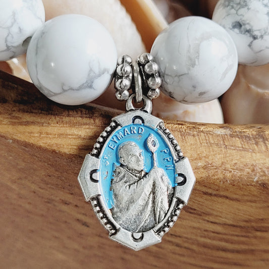 White Howlite 10mm Beaded Bracelet w/ Silver Plate Blue Enamel Medal of St. Eymard