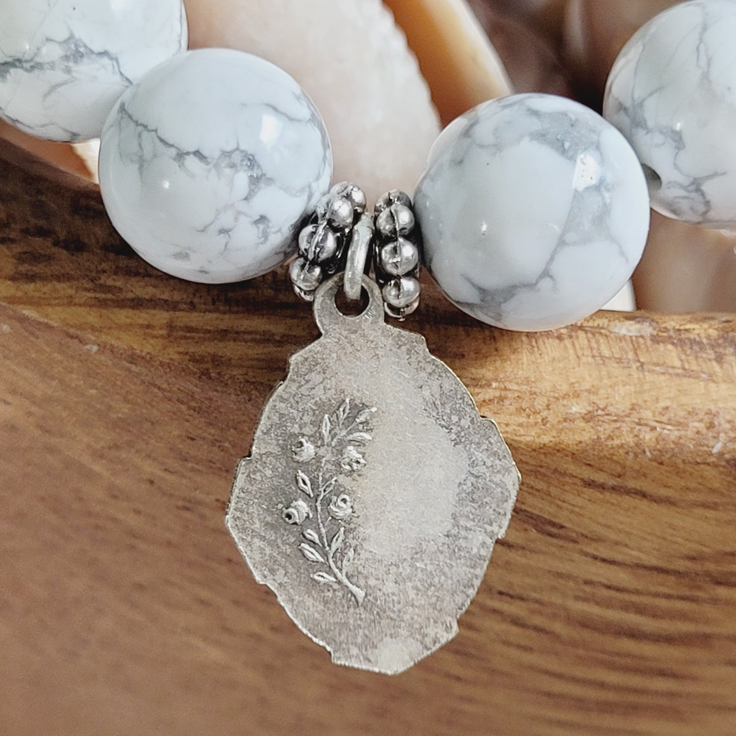 White Howlite 10mm Beaded Bracelet w/ Silver Plate Blue Enamel Medal of St. Eymard