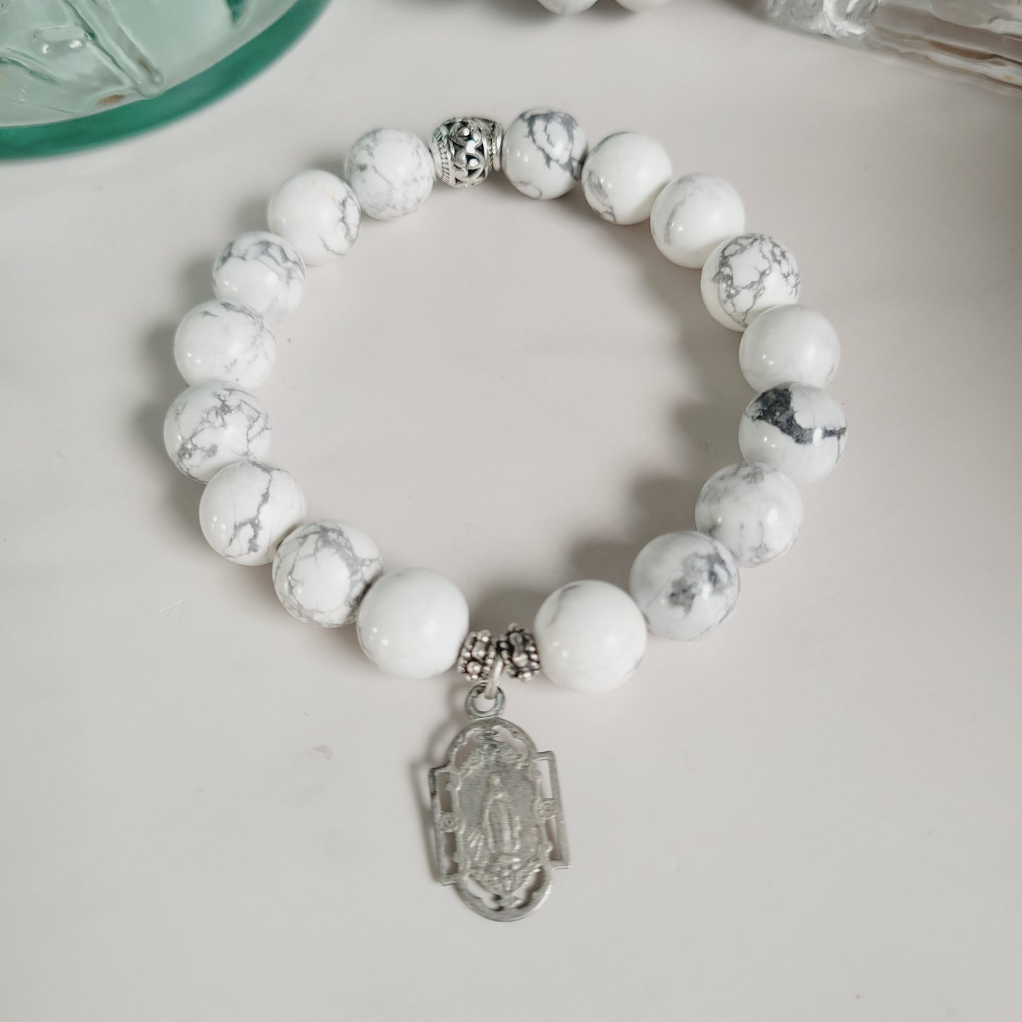 White Howlite 10mm Beaded Bracelet w/ Sterling Silver Art Nouveau Miraculous Medal of Mary
