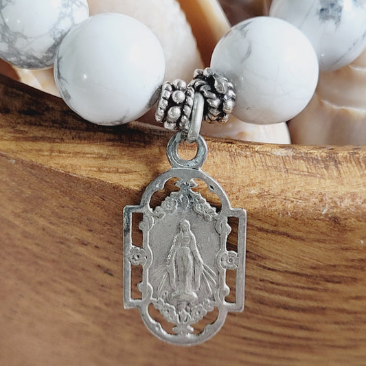 White Howlite 10mm Beaded Bracelet w/ Sterling Silver Art Nouveau Miraculous Medal of Mary