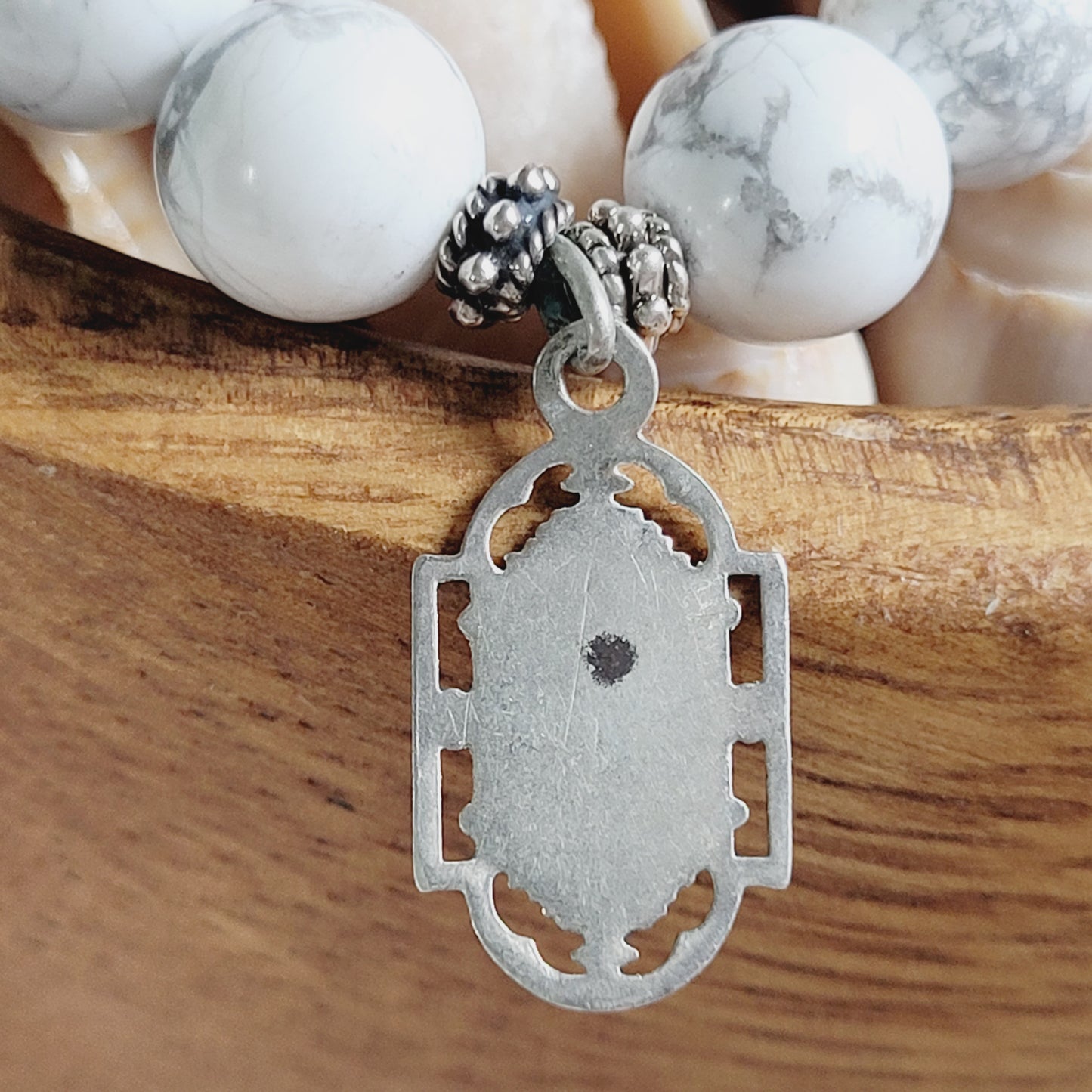 White Howlite 10mm Beaded Bracelet w/ Sterling Silver Art Nouveau Miraculous Medal of Mary