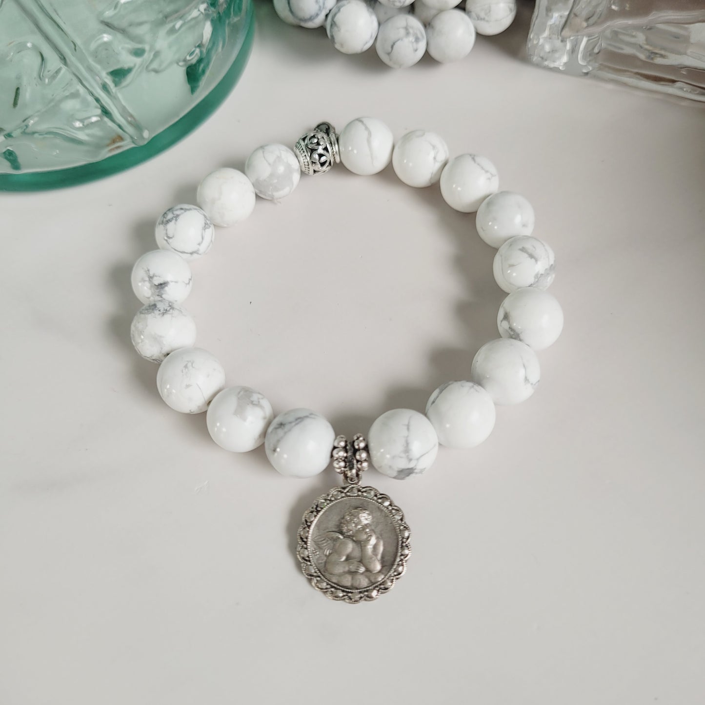 White Howlite 10mm Beaded Bracelet w/ Signed Sterling Silver Angel Medal