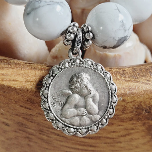 White Howlite 10mm Beaded Bracelet w/ Signed Sterling Silver Angel Medal