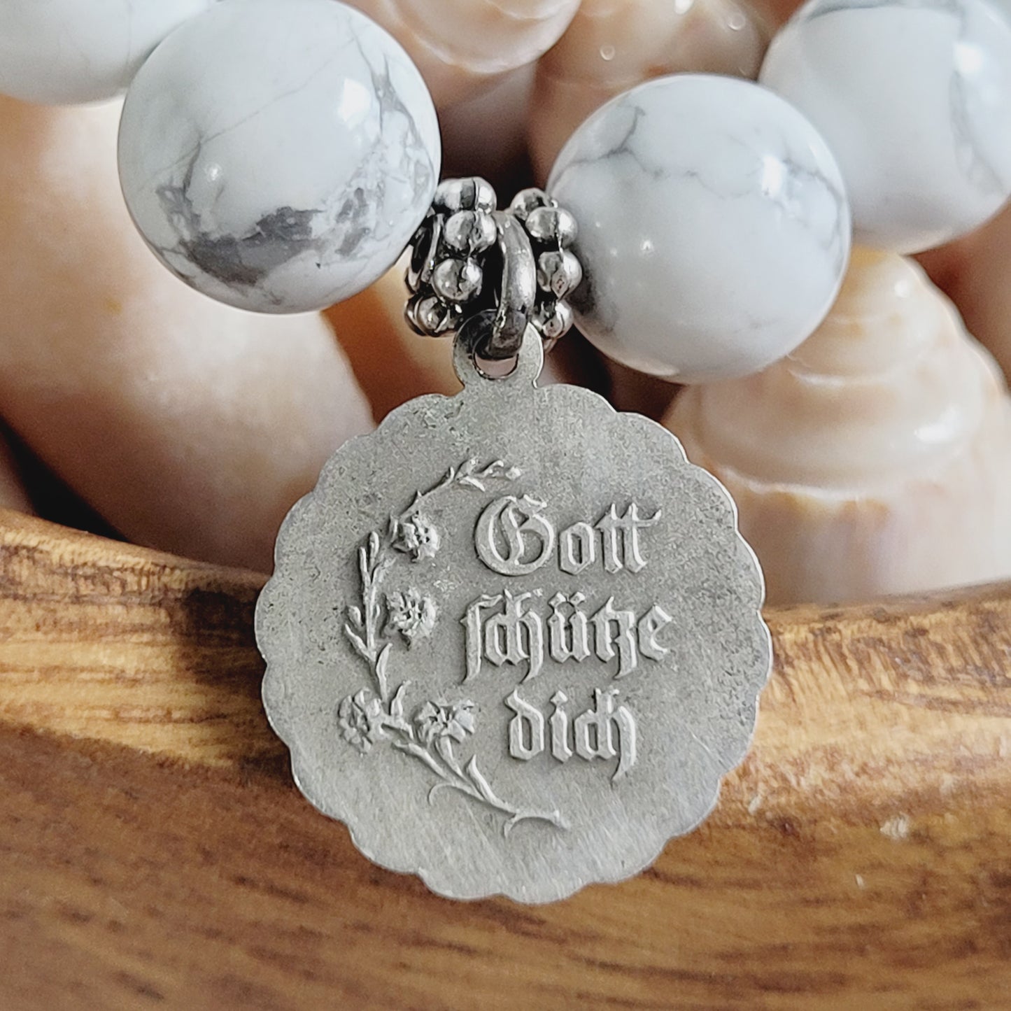 White Howlite 10mm Beaded Bracelet w/ Signed Sterling Silver Angel Medal