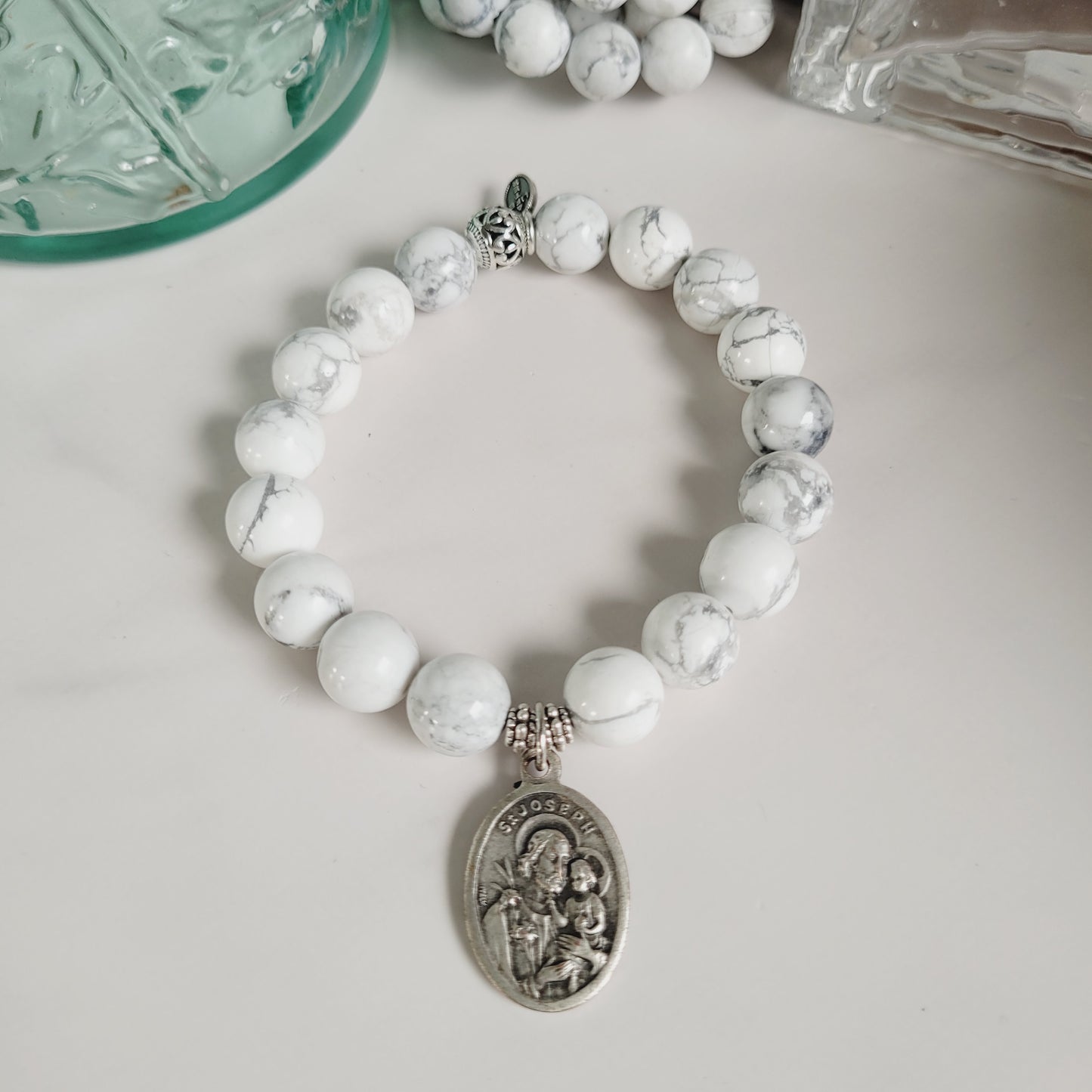 White Howlite 10mm Beaded Bracelet w/ Silver Plate Deeply Embossed Medal of St. Joseph