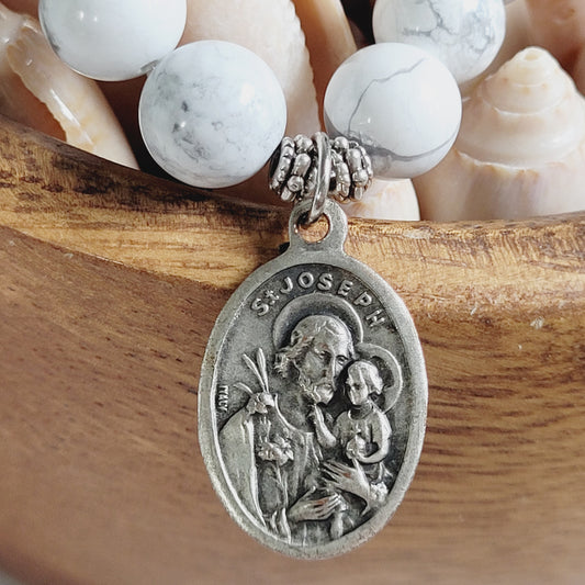 White Howlite 10mm Beaded Bracelet w/ Silver Plate Deeply Embossed Medal of St. Joseph