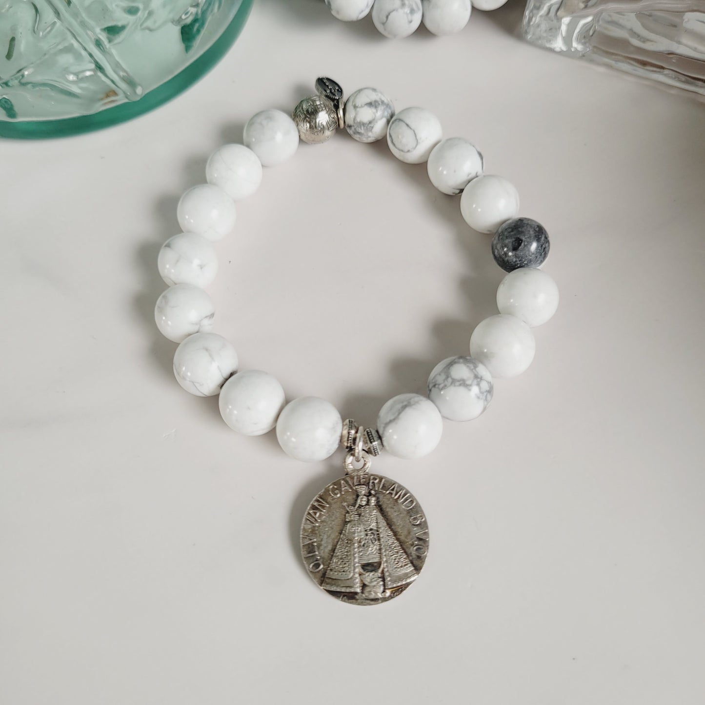 White Howlite 10mm Beaded Bracelet w/ Signed Silver Plated Vintage Medal of Our Lady of Van Gaverland from Belgium