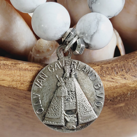 White Howlite 10mm Beaded Bracelet w/ Signed Silver Plated Vintage Medal of Our Lady of Van Gaverland from Belgium