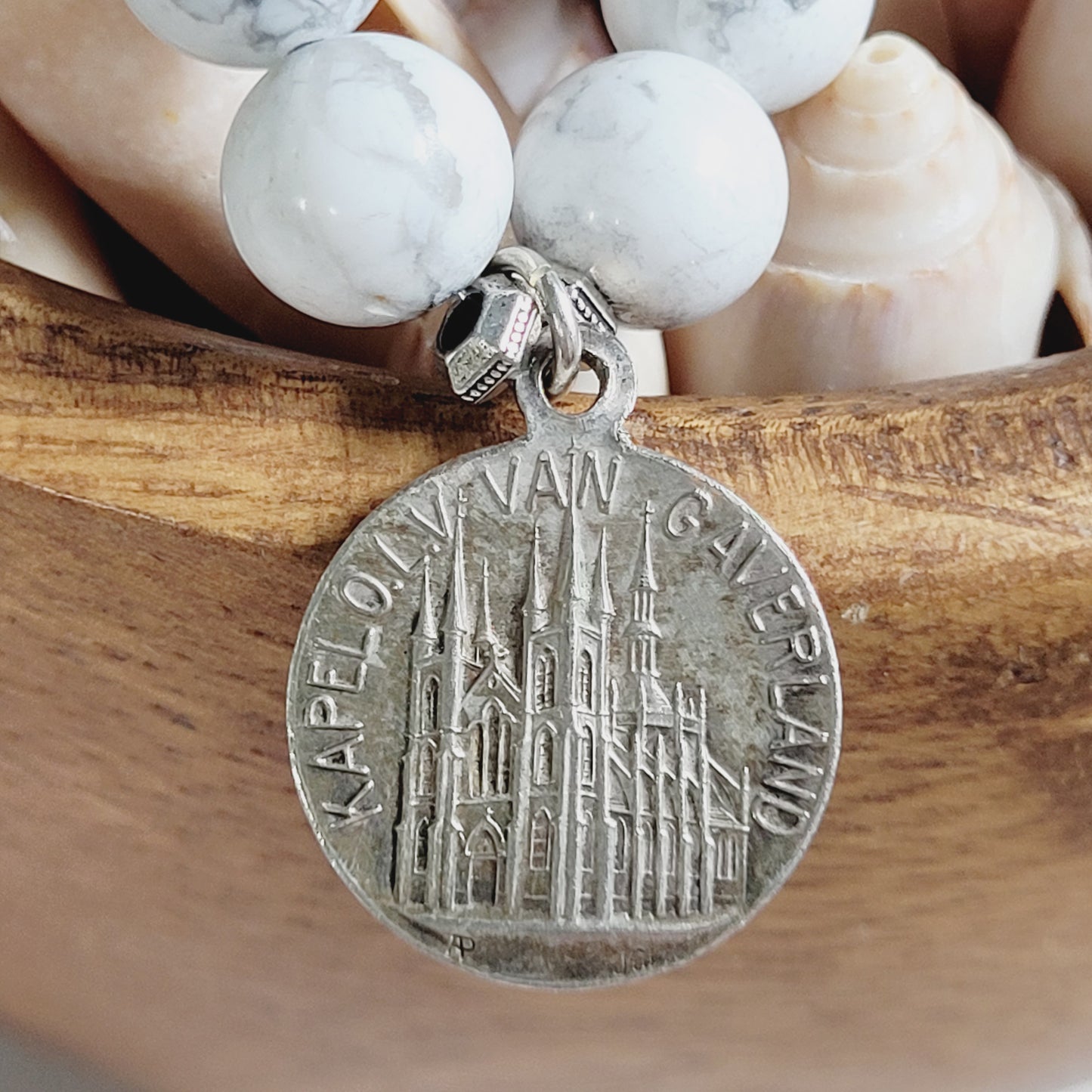White Howlite 10mm Beaded Bracelet w/ Signed Silver Plated Vintage Medal of Our Lady of Van Gaverland from Belgium