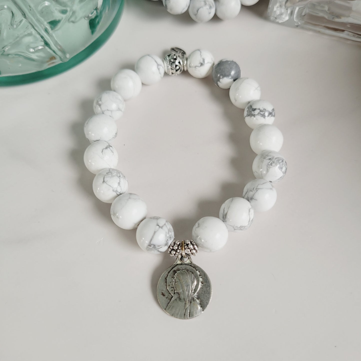 White Howlite 10mm Beaded Bracelet w/ Silver Plated Medal of Our Lady of Lourdes