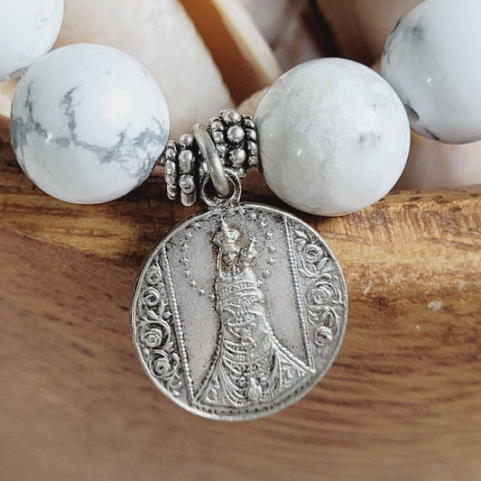 White Howlite 10mm Beaded Bracelet w/ Silver Plated Medal of Our Lady of the Olives